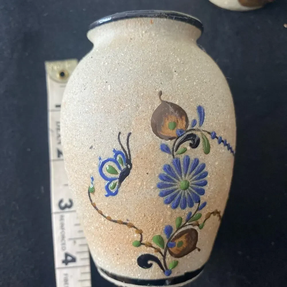 Set of 2 Mexican Mid 20th Century Sand Finish Pottery Vases. Hand painted.